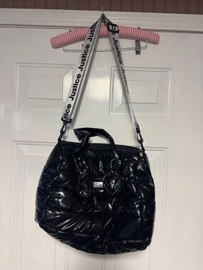 Justice Black Quilted Shoulder Tote with Logo Strap